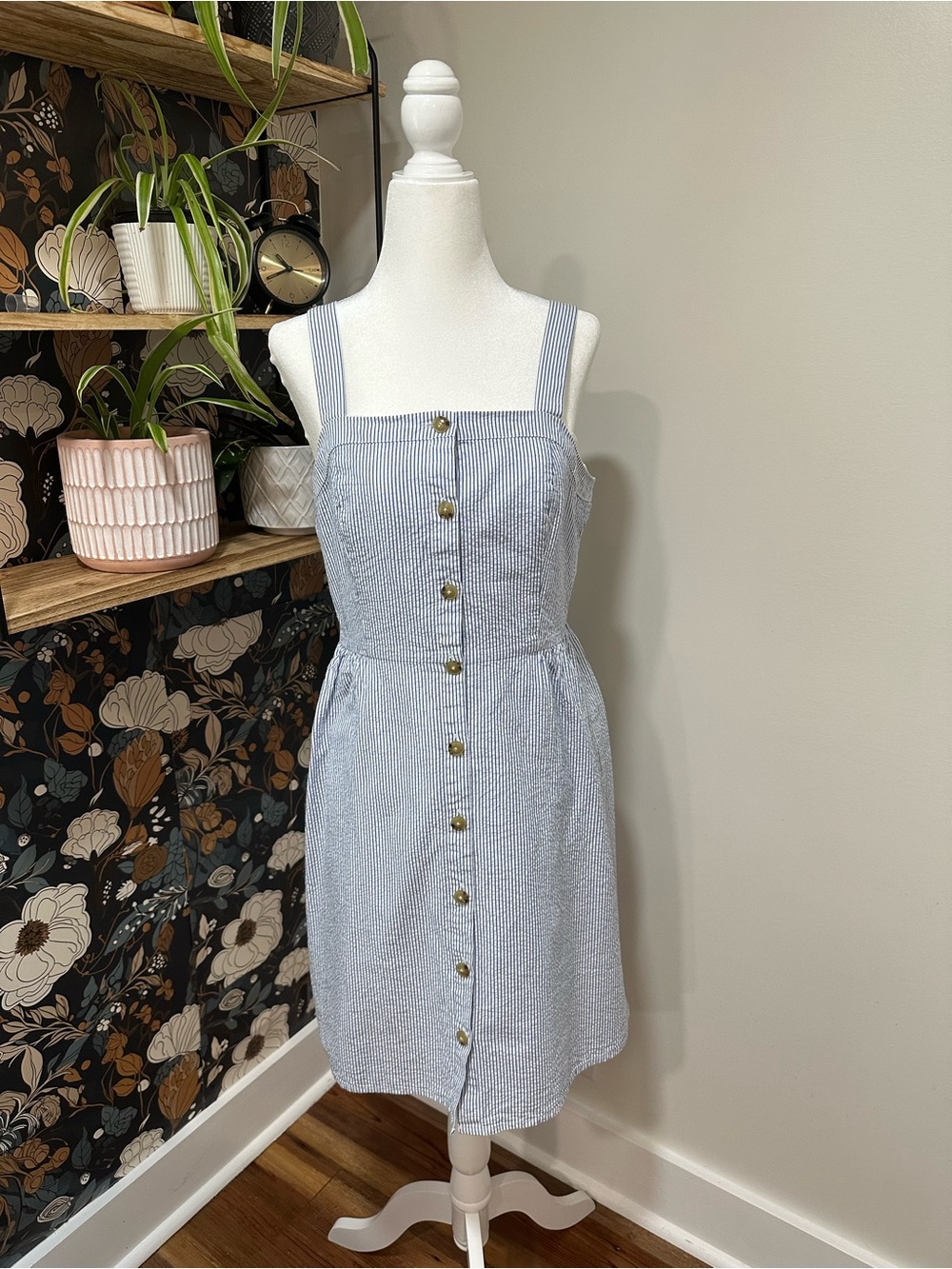 J. Crew Blue and White Seersucker Button-Front Midi Dress